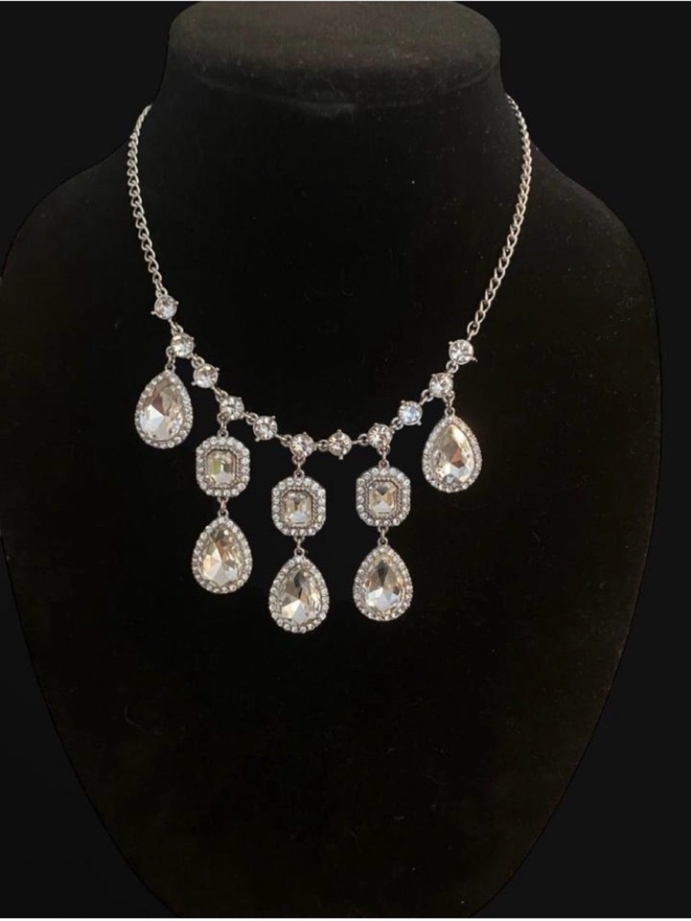 Clear Crystal Teardrop Statement Necklace - Silver Tone - Picture 2 of 5